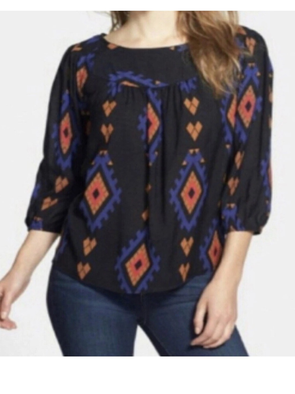 Lucky Brand Women Black Amelia Geometric Boho Aztec Print‎ Peasant Blouse size S